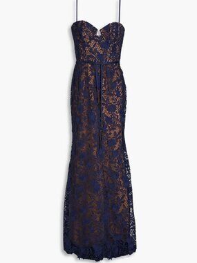 MARCHESA NOTTE Satin-trimmed guipure lace and tulle gown - Navy